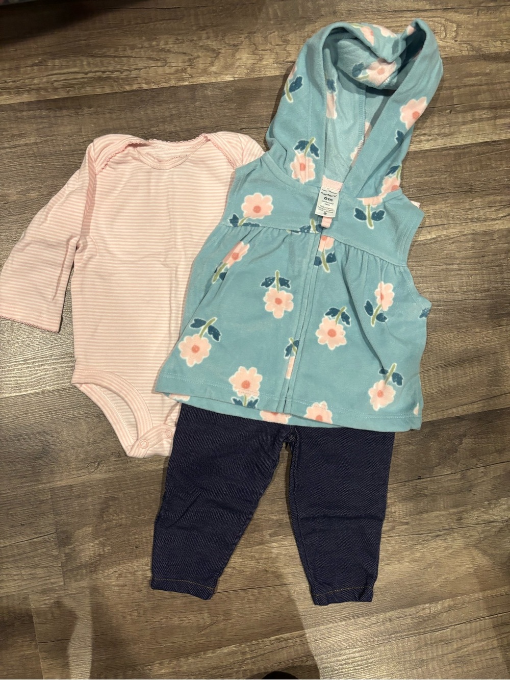 Carter's Blue Floral Hooded Tunic with Pink Stripe Onesie and Navy Leggings